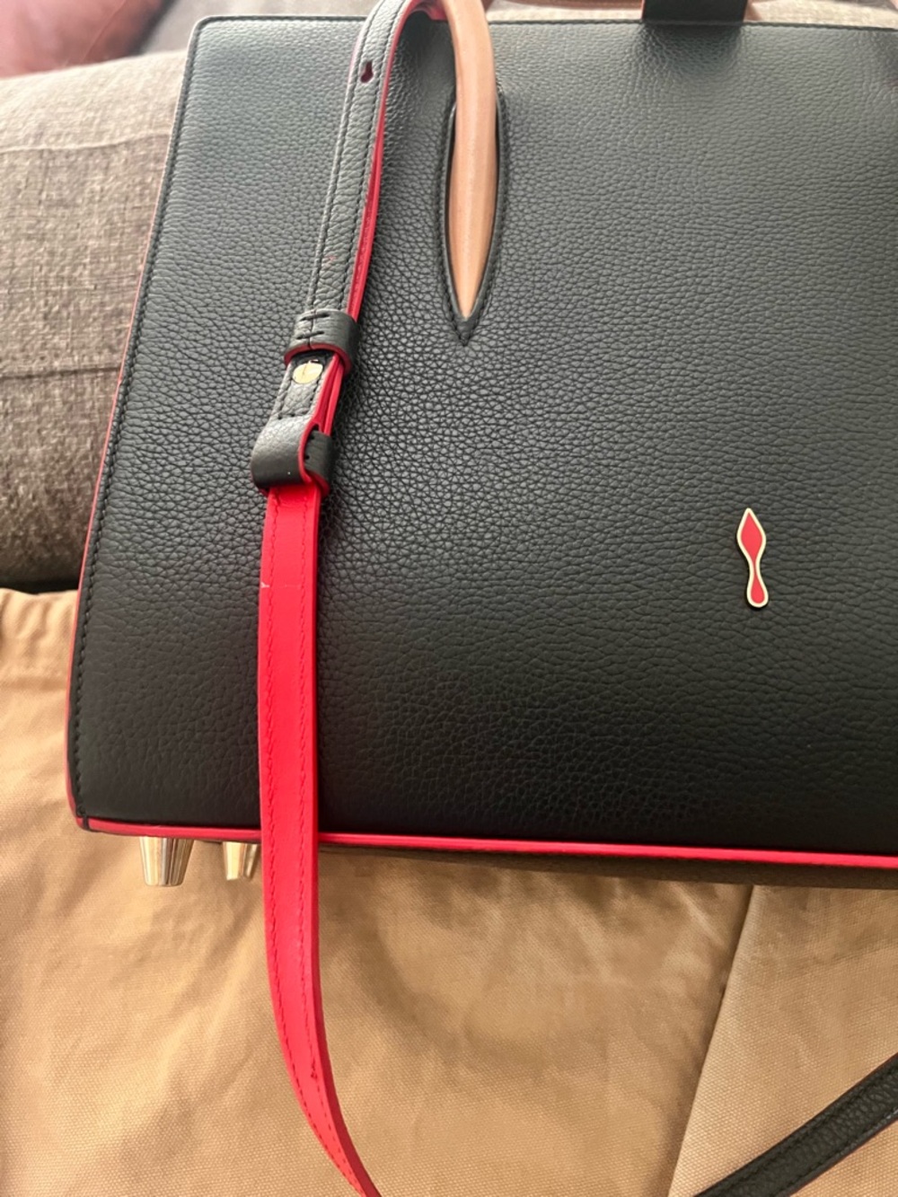 Christian Louboutin Paloma Black Studded Tote with Tan Handles medium - Picture 9 of 11
